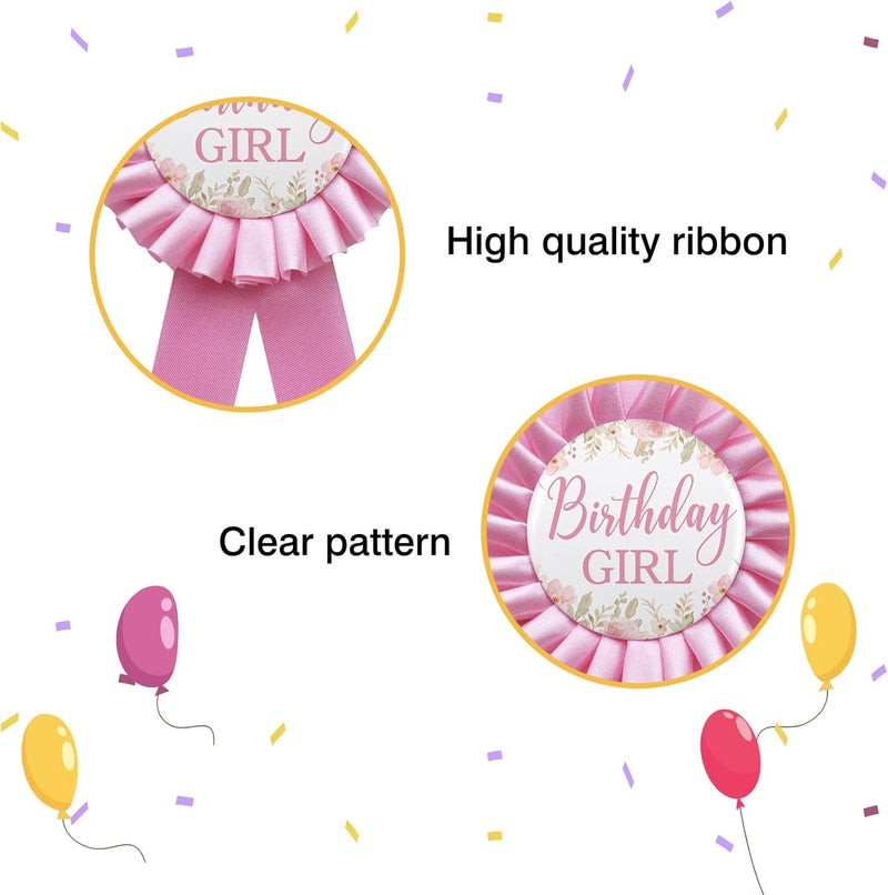 WOWOPA Birthday Girl Tinplate Badge Pin, Happy Birthday Pink Leaves Pattern Pink Corsage Button for Women Girl Birthday Award Ribbon Party Decorations - Image 3
